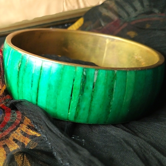 Green Bamboo Vintage Brass Cuff 8", Spring, Summer, Beach, Resort - Picture 1 of 7